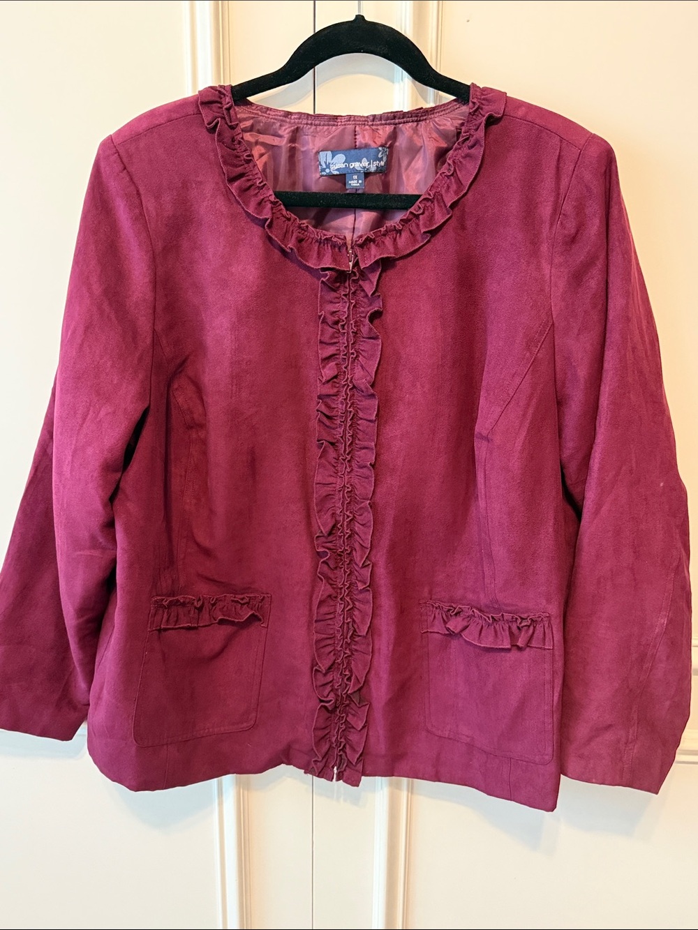 Susan Graver Raspberry Suede Ruffle-Trim Blazer